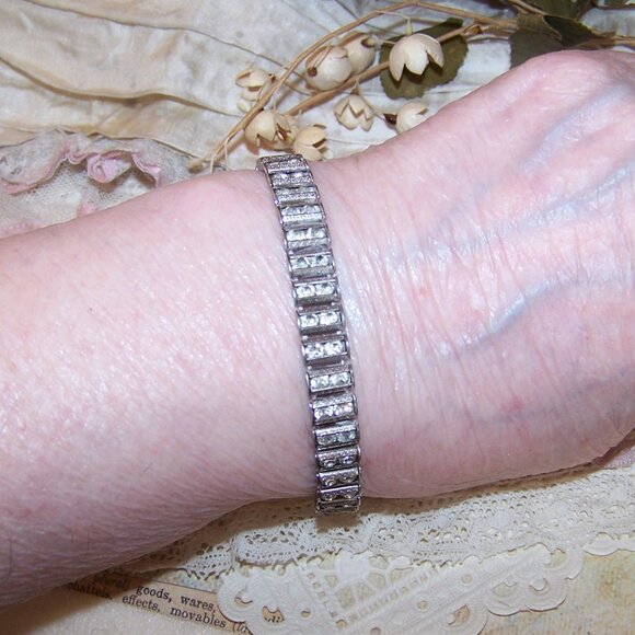 Art Deco Catamore Sterling Silver Rhinestone Line Bracelet - 7" Long - Picture 2 of 11